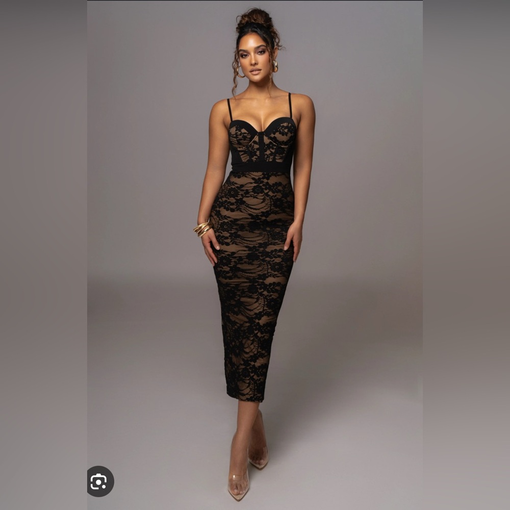 JLUXLABEL Black Mesh and Lace Bustier Midi Dress
